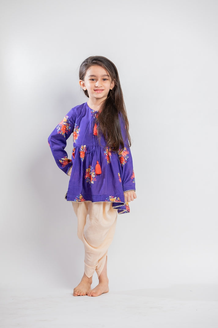 PURPLE BIG FLORAL GATHERED KURTA SET