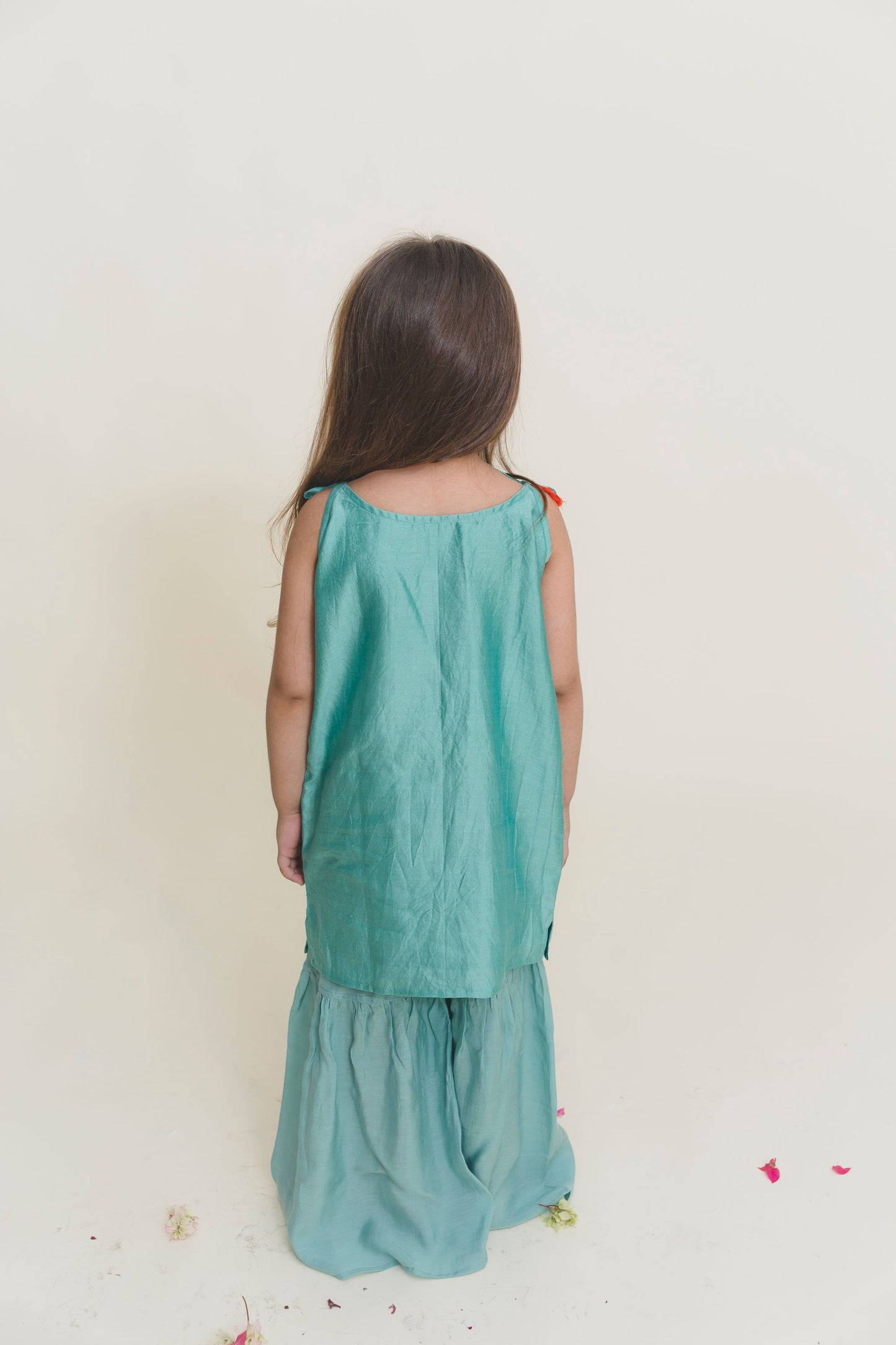 GIRLS FESTIVE CHANDERI KURTA AND SHARARA SET