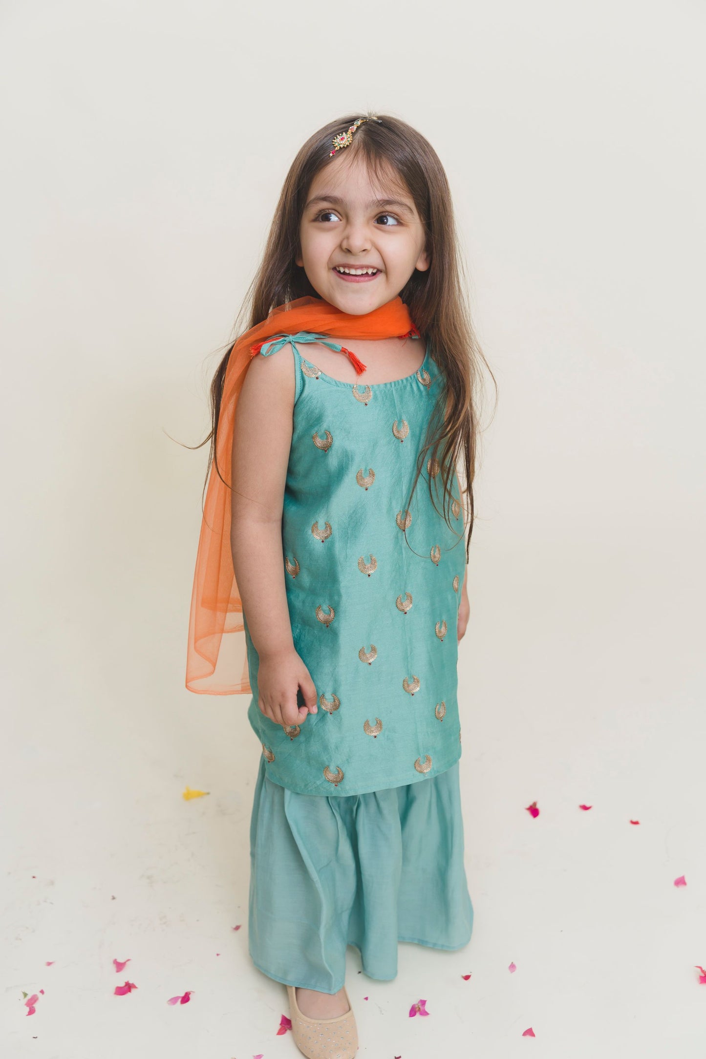 GIRLS FESTIVE CHANDERI KURTA AND SHARARA SET