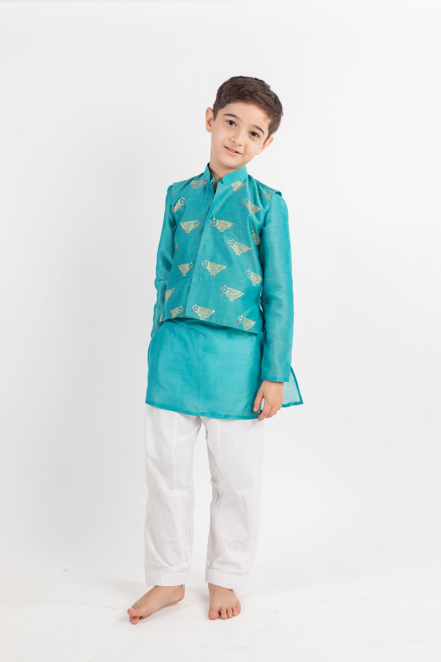 TEAL BLUE EMBROIDERED KURTA-JACKET SET -3 PC