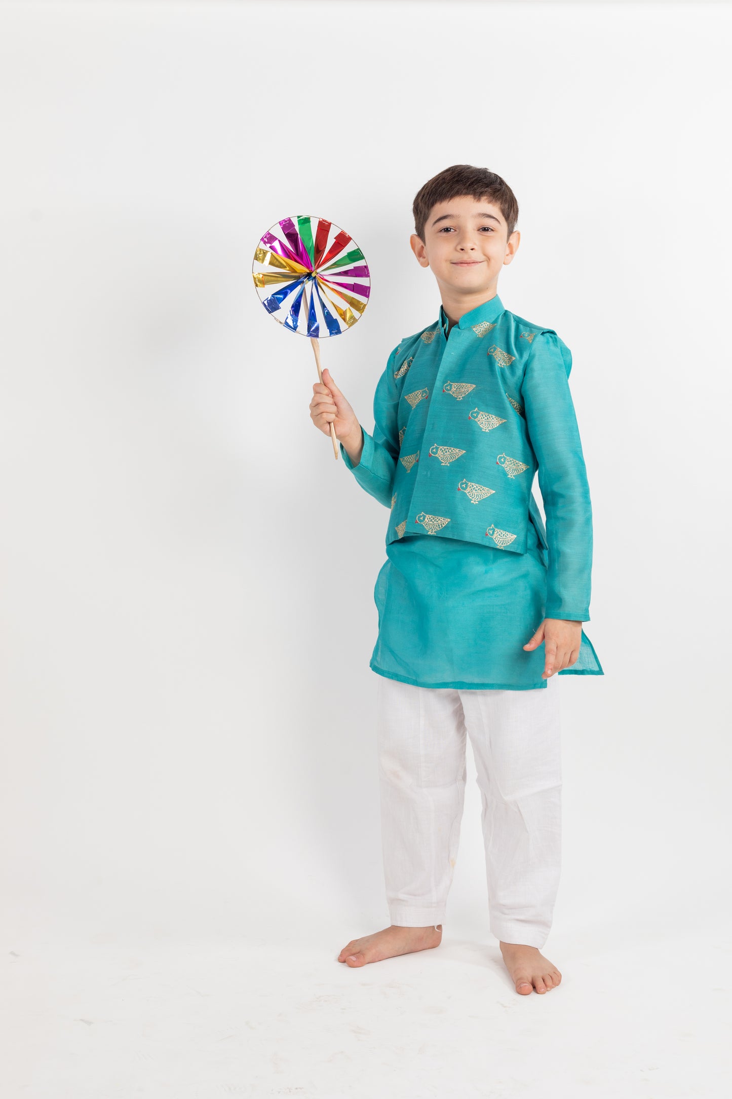 TEAL BLUE EMBROIDERED KURTA-JACKET SET -3 PC