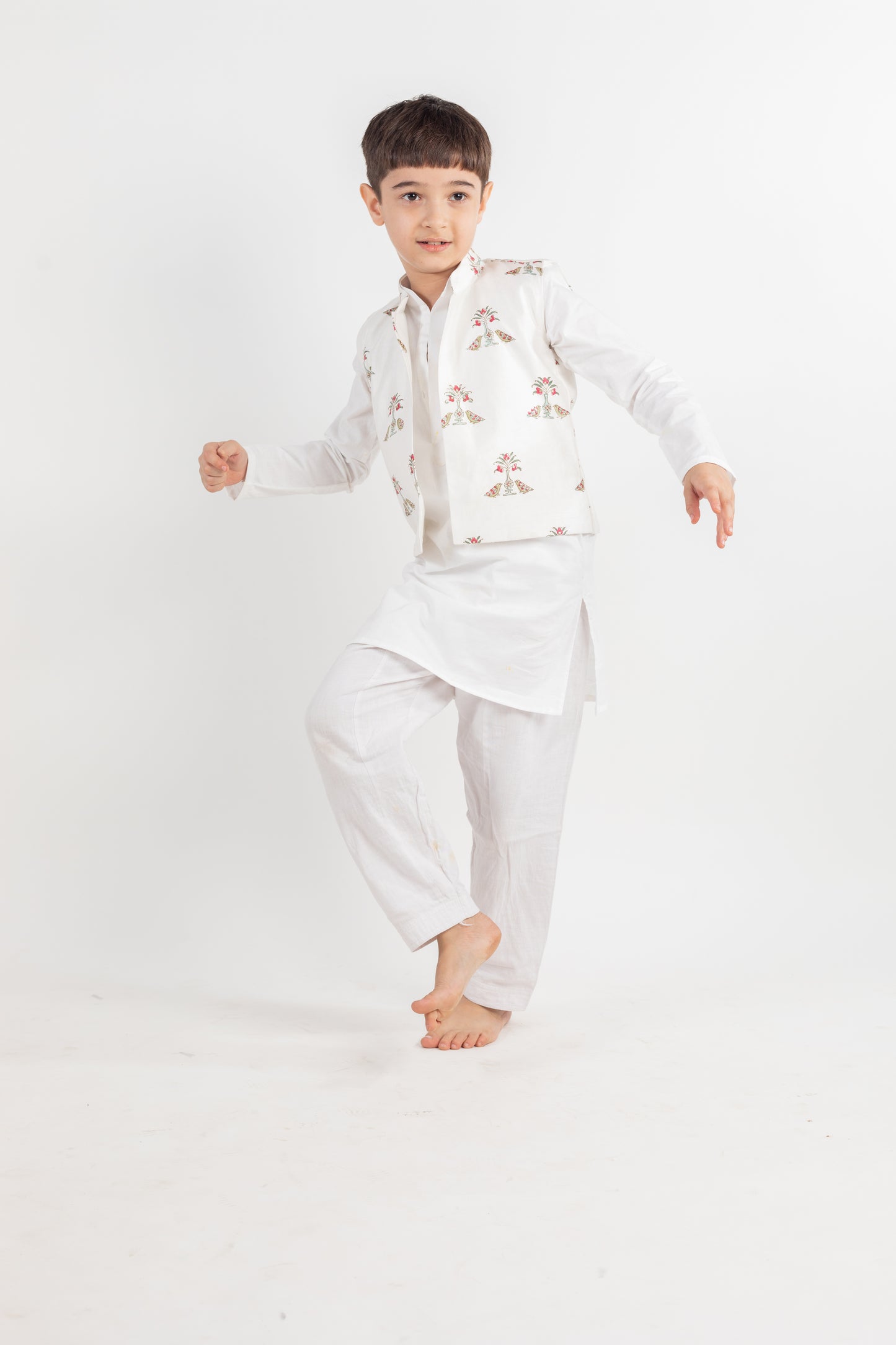 WHITE BIRD KURTA, JACKET AND PYJAMA SET-3 PC