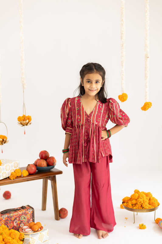 The Festive Ruby Red Peplum Top & Palazzo Set