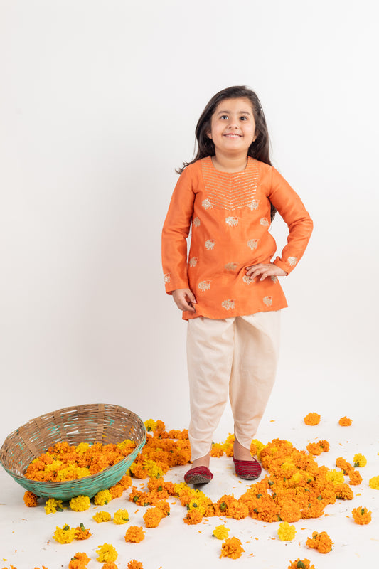 RUST YOKE EMBROIDERED KURTA-DHOTI SET
