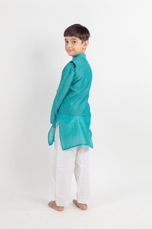 TEAL BLUE EMBROIDERED KURTA-JACKET SET -3 PC