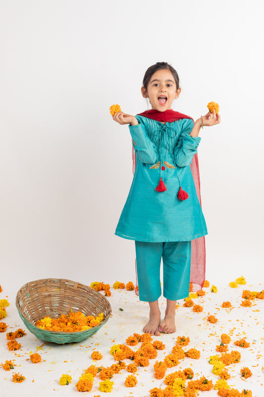 TEAL PINTUCKS KURTA SET - 3 PC