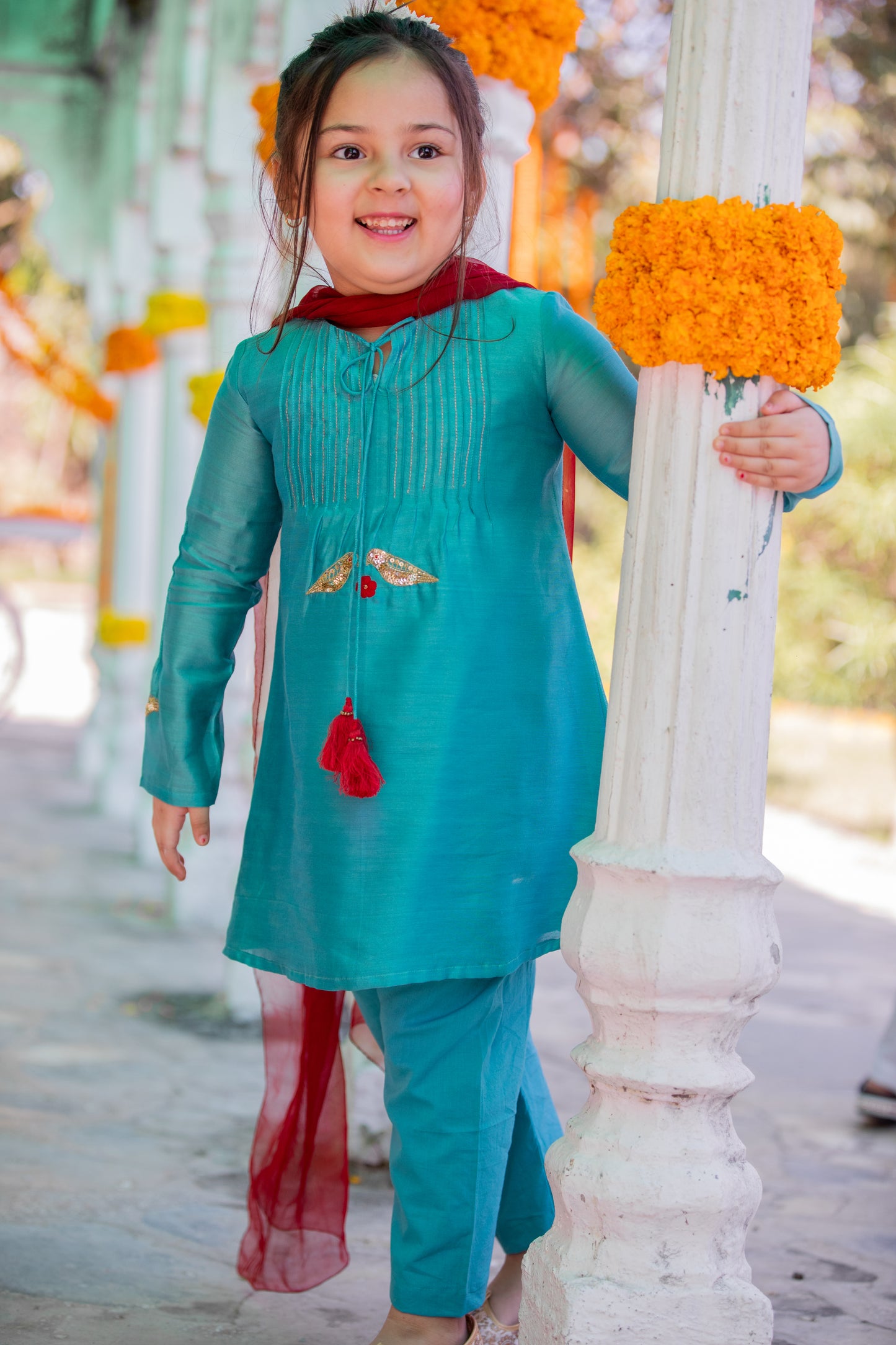 TEAL PINTUCKS KURTA SET - 3 PC