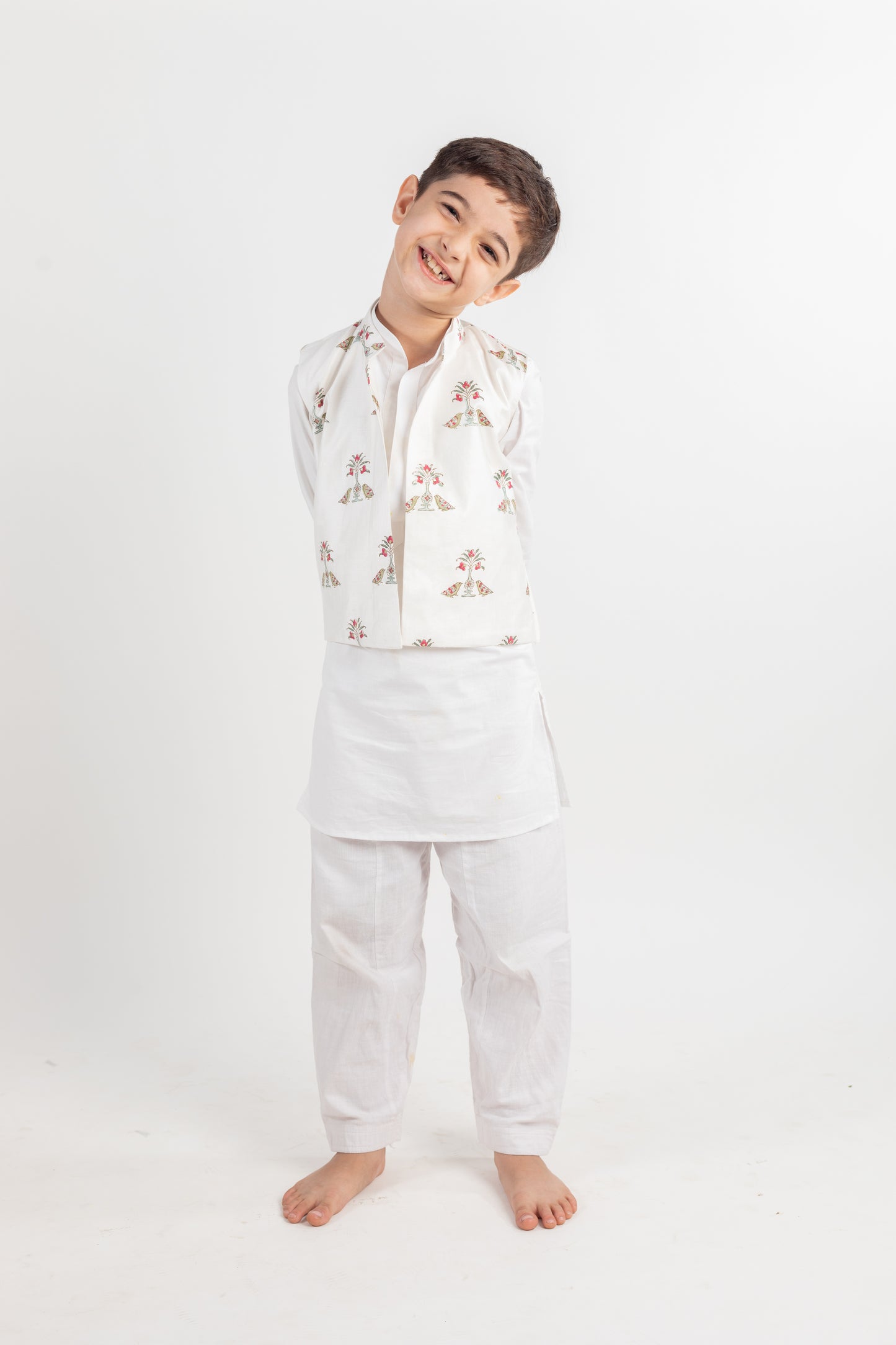 WHITE BIRD KURTA, JACKET AND PYJAMA SET-3 PC
