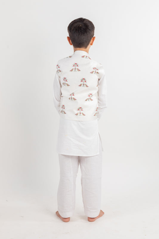 WHITE BIRD KURTA, JACKET AND PYJAMA SET-3 PC