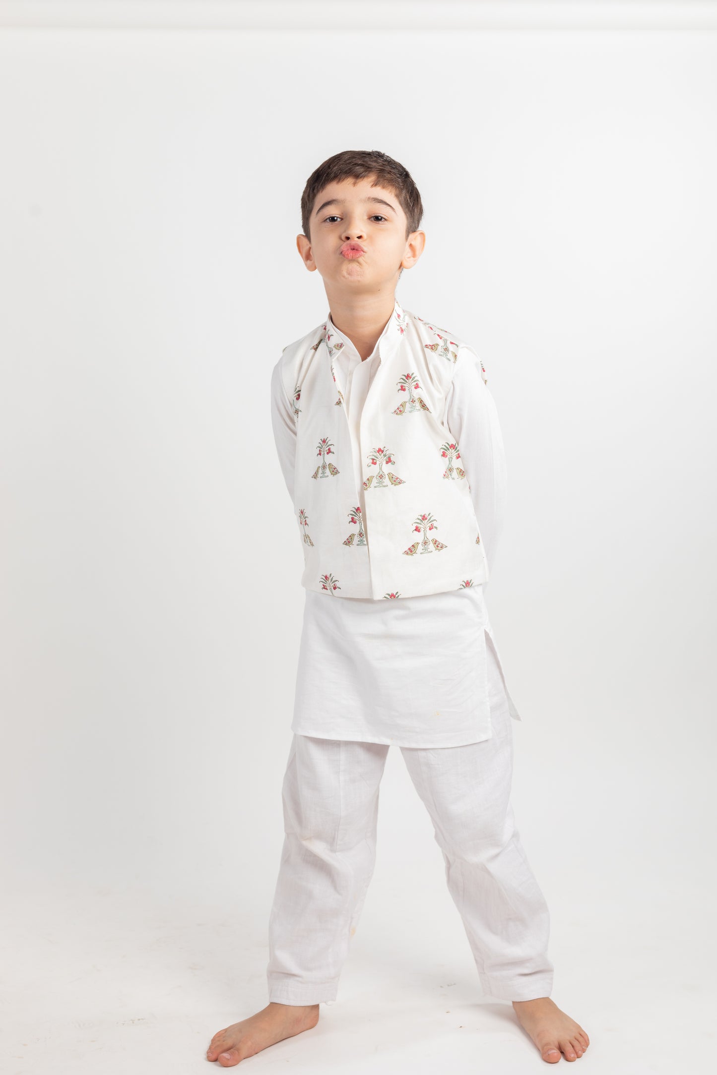 WHITE BIRD KURTA, JACKET AND PYJAMA SET-3 PC